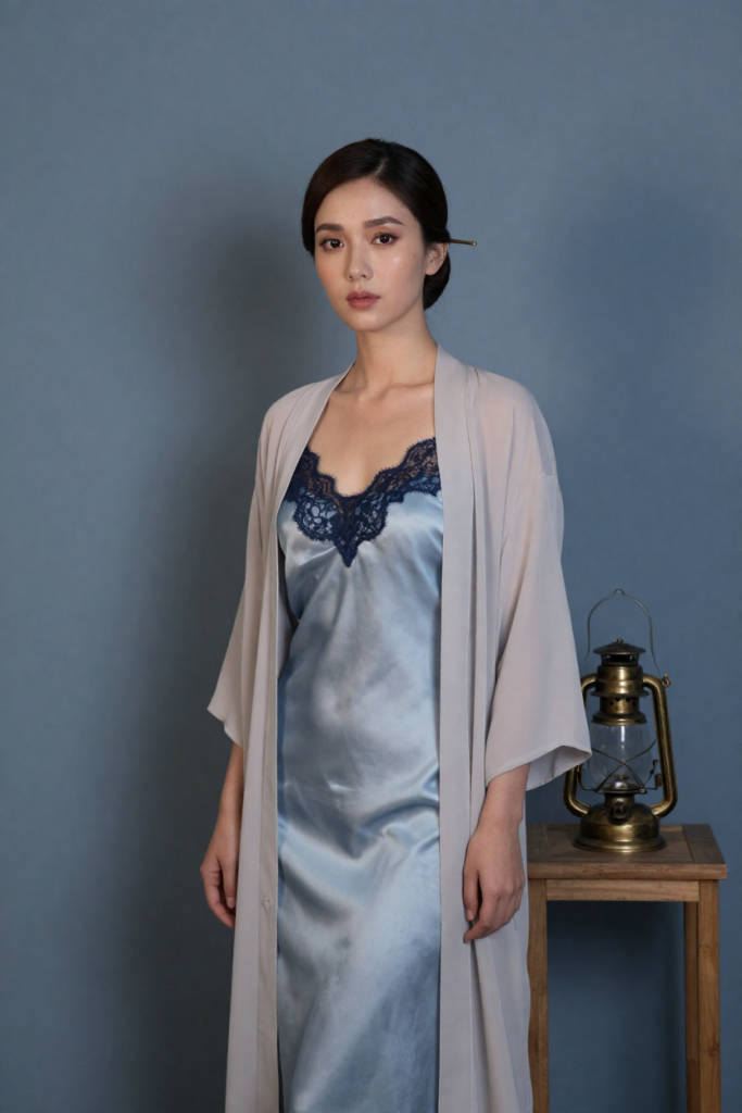 ChuhaiEtong sea lantern room study — a fictional 29-year-old muse in an ice-blue silk slip by the lantern stand